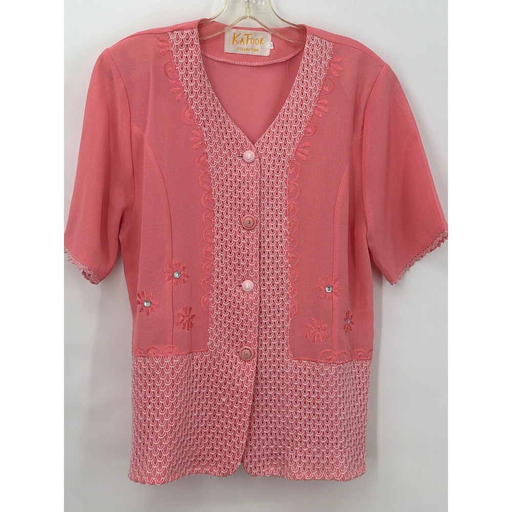 KaFook Collection Pink Lace Trim Floral Embroidered Tie Back Blouse Size 15